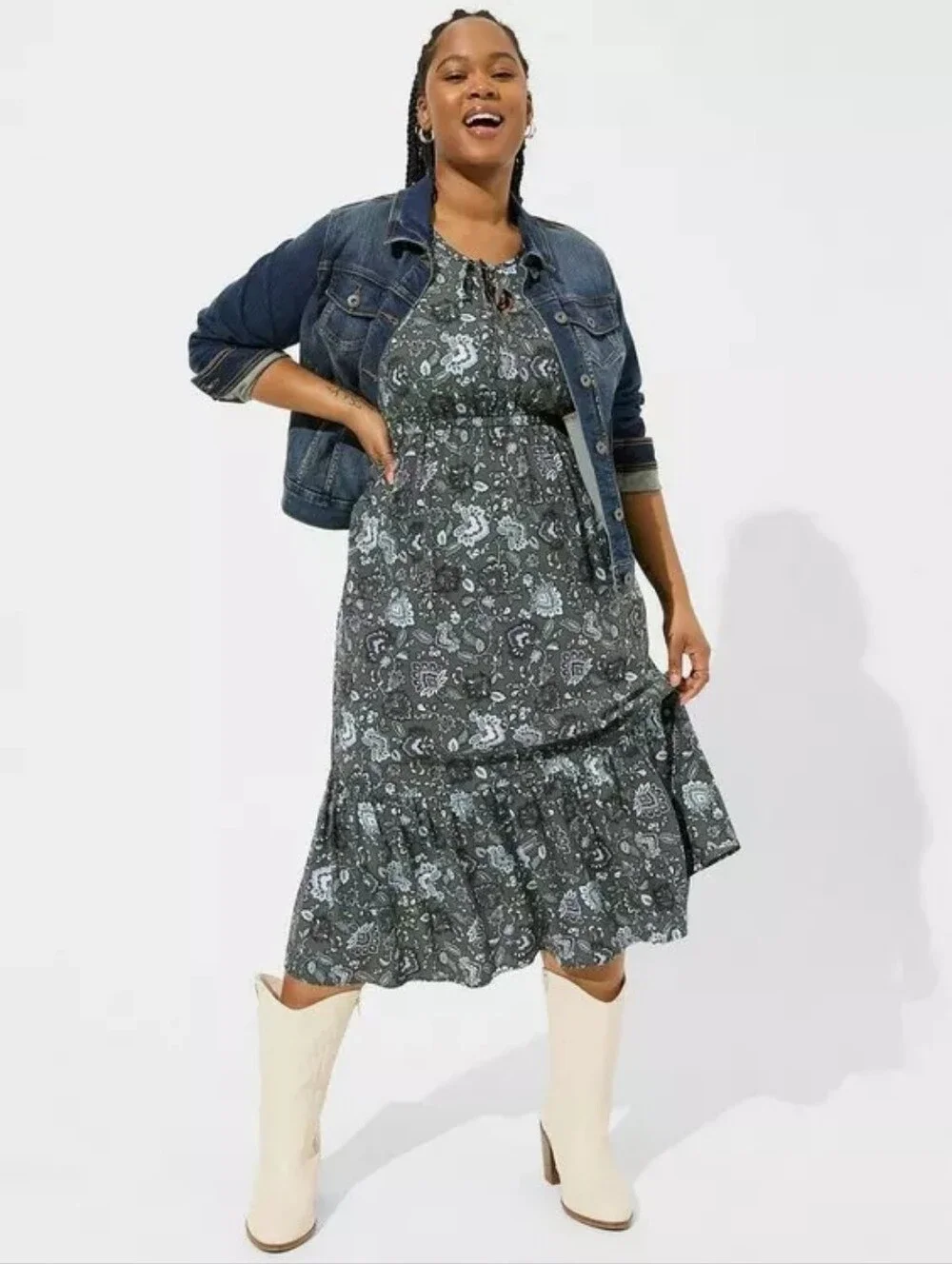 Torrid Gray Tea Length Challis Front Tiered A-line Dress Plus Size 2 2x - Picture 4 of 10
